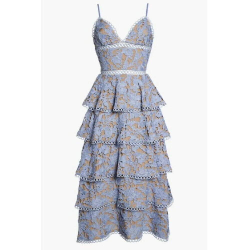 SAU LEE Violet Camellia Lace Tiered Midi Dress